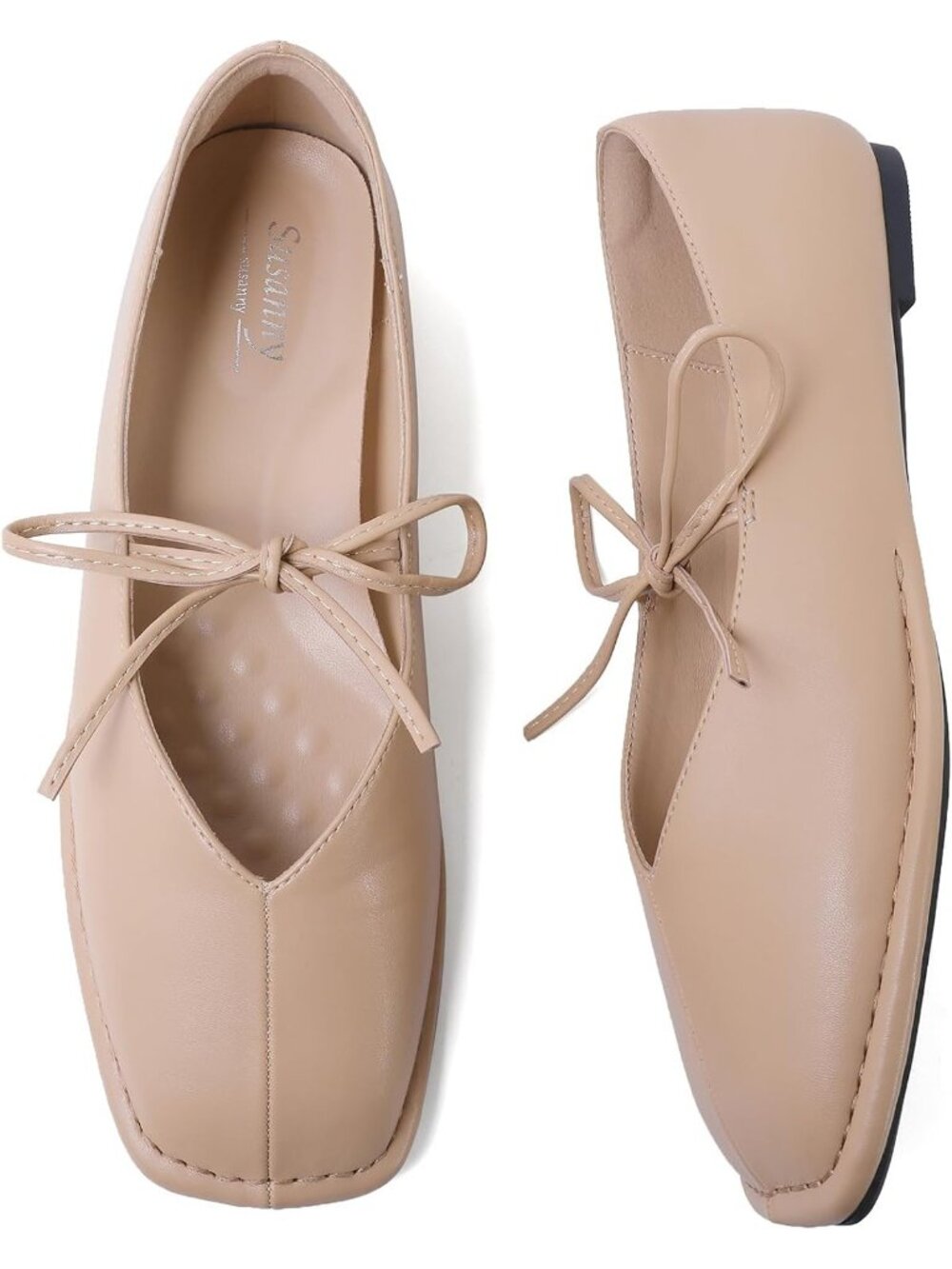 Women's Nude PU Square Toe Strap Ballet Flats Lace up Bow Comfortable Shoes